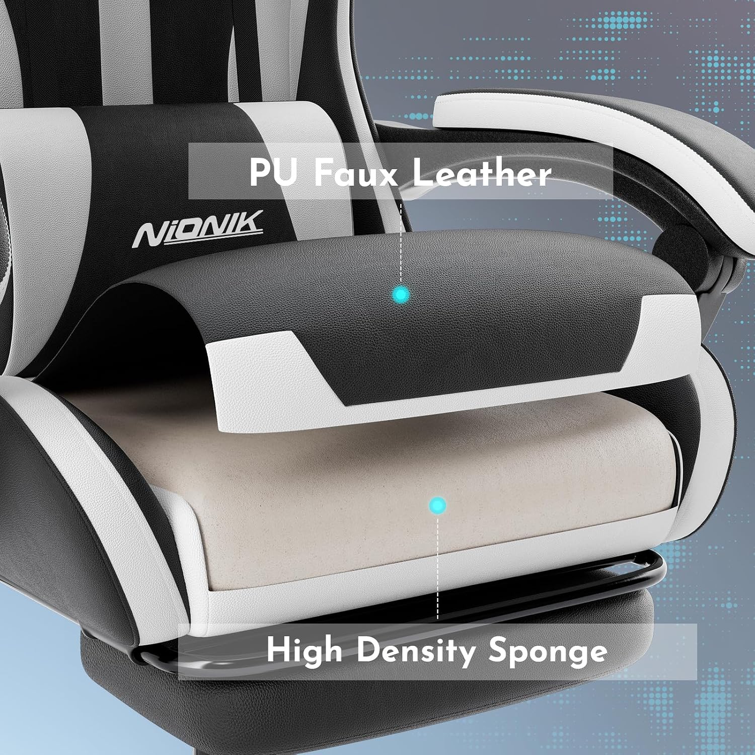 Detalle 2 de NIONIK 602 Gaming Chair, Black and White Leather with Footrest and Lumbar Support