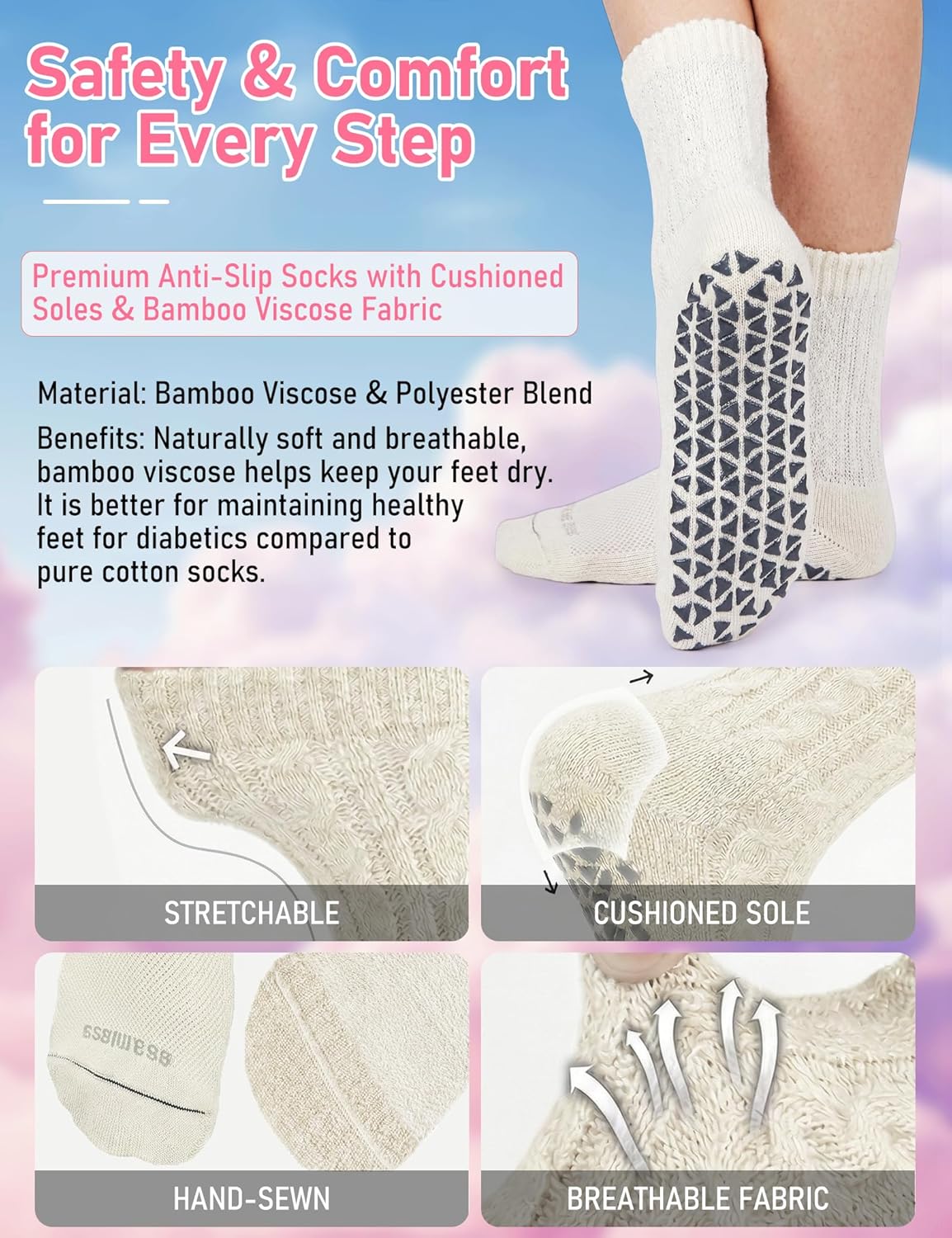 Thumbnail 3 de Frelimiu Diabetic Socks with Grippers for Women (Non-Slip Bamboo Viscose), 4 Pairs, Size 8–11