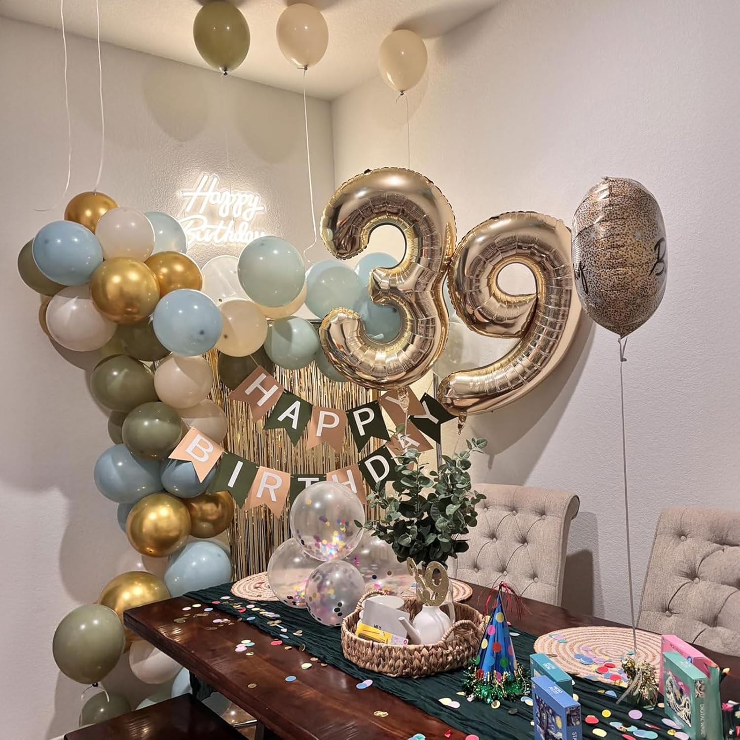 Thumbnail 4 de Dusty Green Blue Balloon Kit: 60-Pack, 12-Inch Sage Green Balloons with Haze Fog Blue, Sand White, and Gold Accents