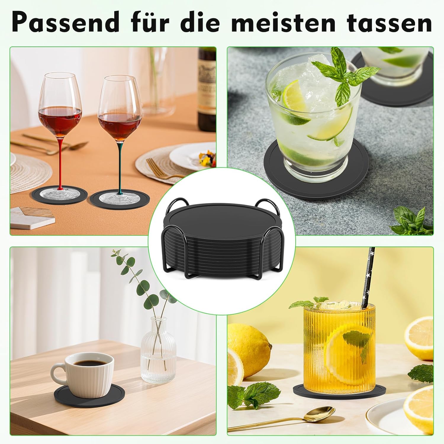 Thumbnail 6 de Pesutei 12er Set Glas-Untersetzer aus Silikon (10 cm) mit Edelstahlständer – schwarz, rutschfest und isolierend