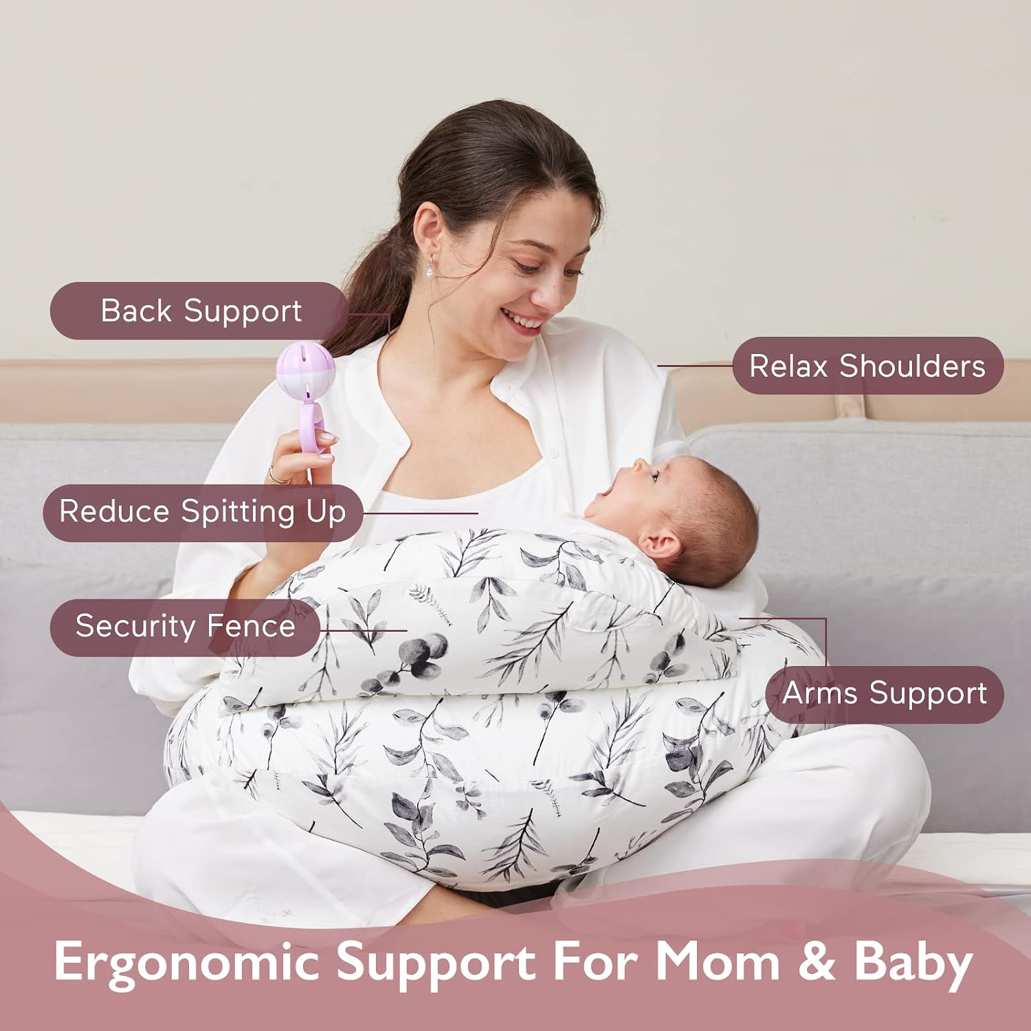 Thumbnail 1 de momcozy Nursing Pillow, Ergonomic Breastfeeding Support with Ink Wash Leaves - A practical helper for comfy feeding