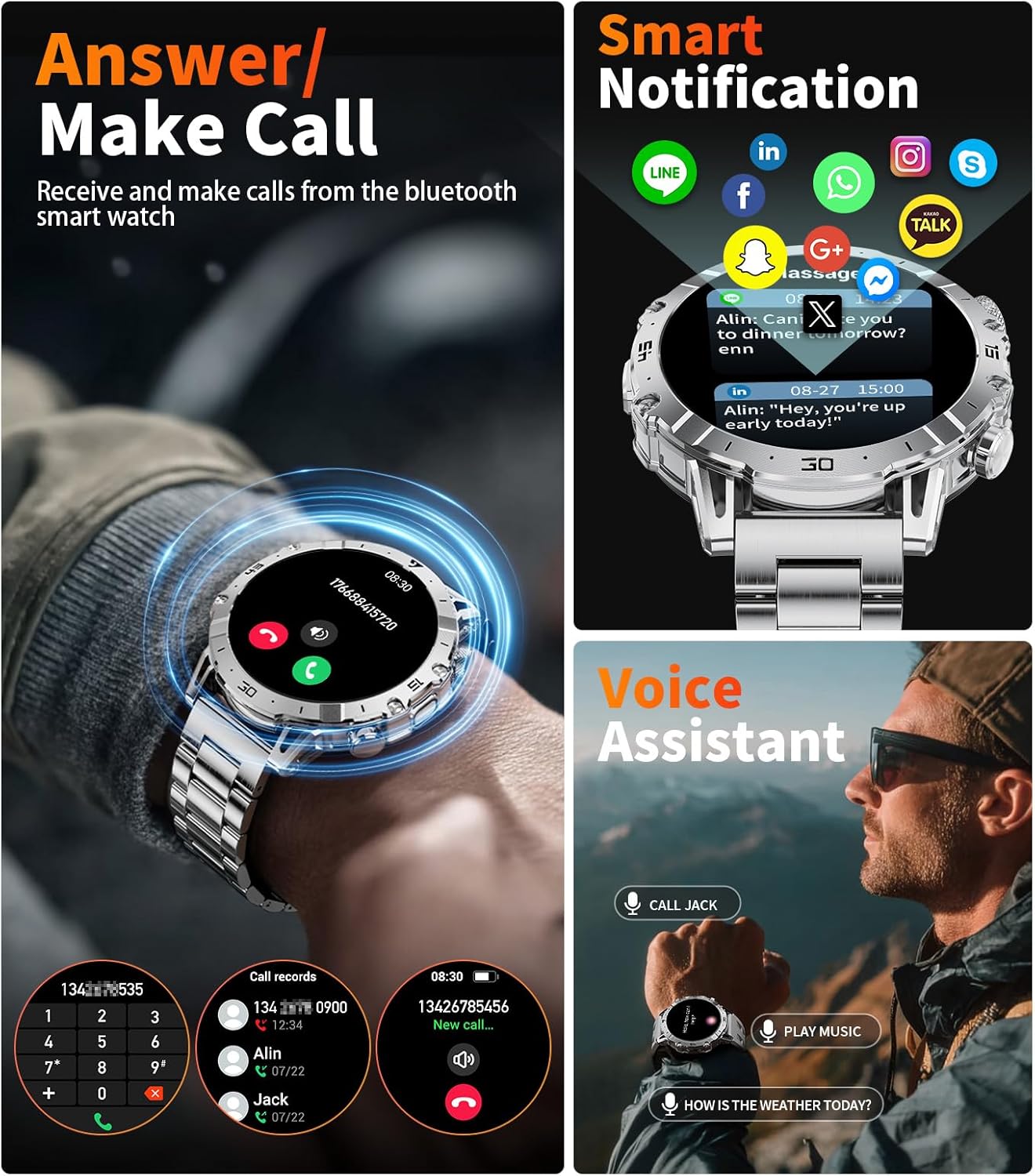 Detalle de SUNKTA Military Smart Watch for Men (1000mAh) – 1.7" HD Bluetooth Fitness Tracker with Dual Charging