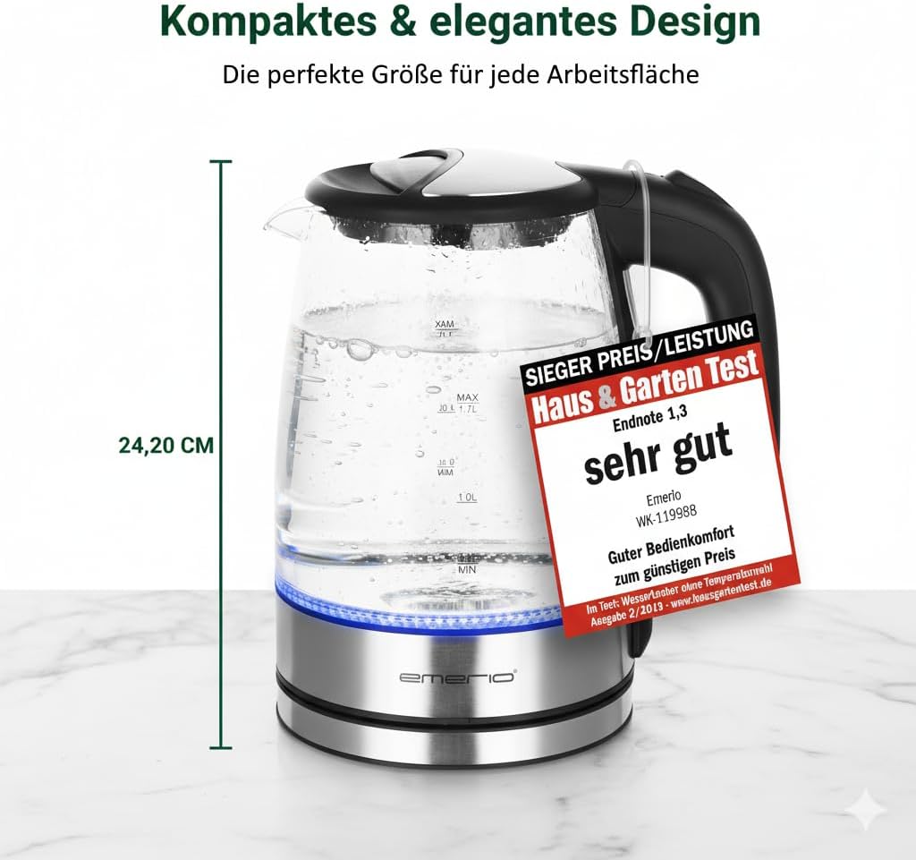 Detalle de EMERIO Glas Wasserkocher 1,7 l – 2200 W, blaue LED-Innenbeleuchtung, 360°-Basis, Auto Off – Preis-Leistung ausgezeichnet