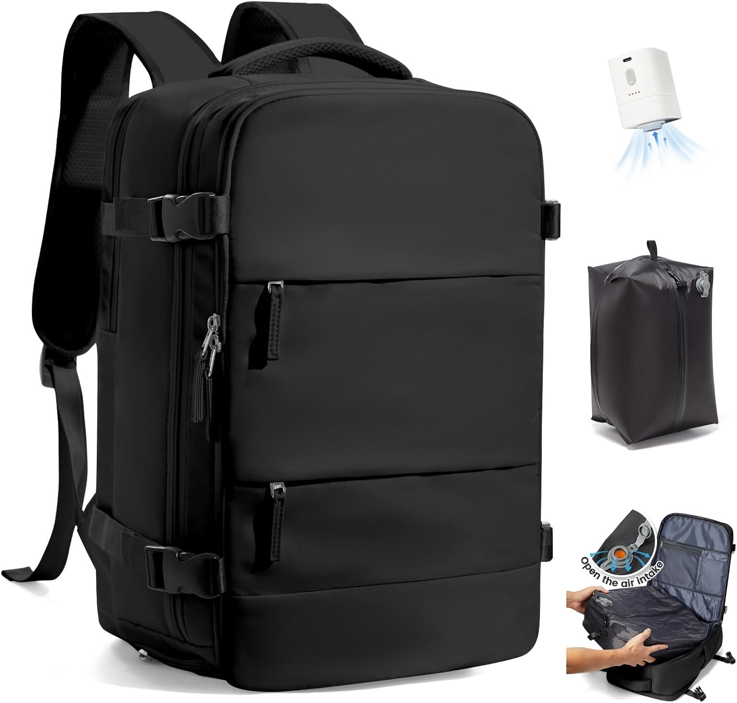 Detalle de SZLX Vacuum Backpack Travel Bag with Pump — Cabin-Ready 40x30x20cm Luggage for Ryanair/Wizz Air and 14-Inch Laptop