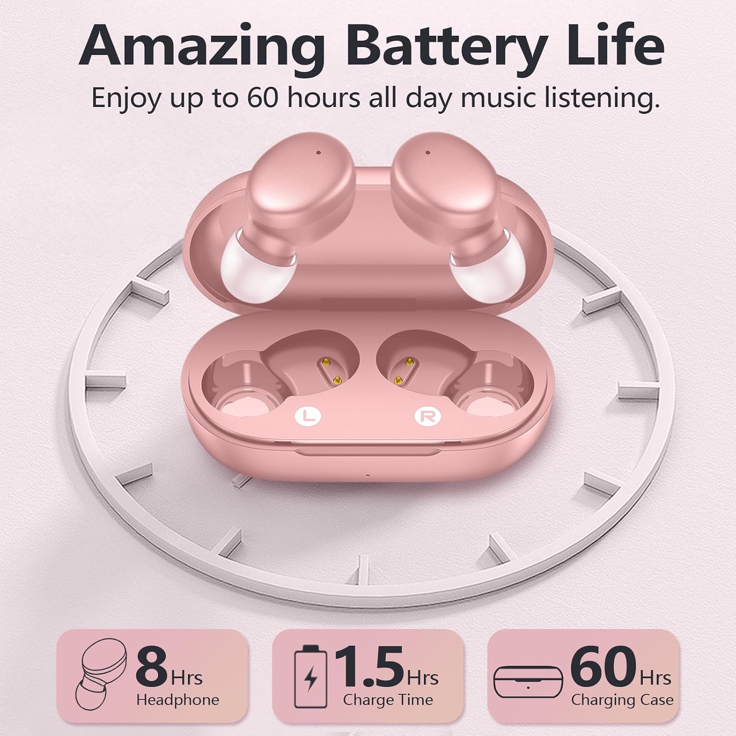 Detalle de MOZOTER S8 Wireless Earbuds, Bluetooth 5.3, 60-Hour Playtime, Angel Pink