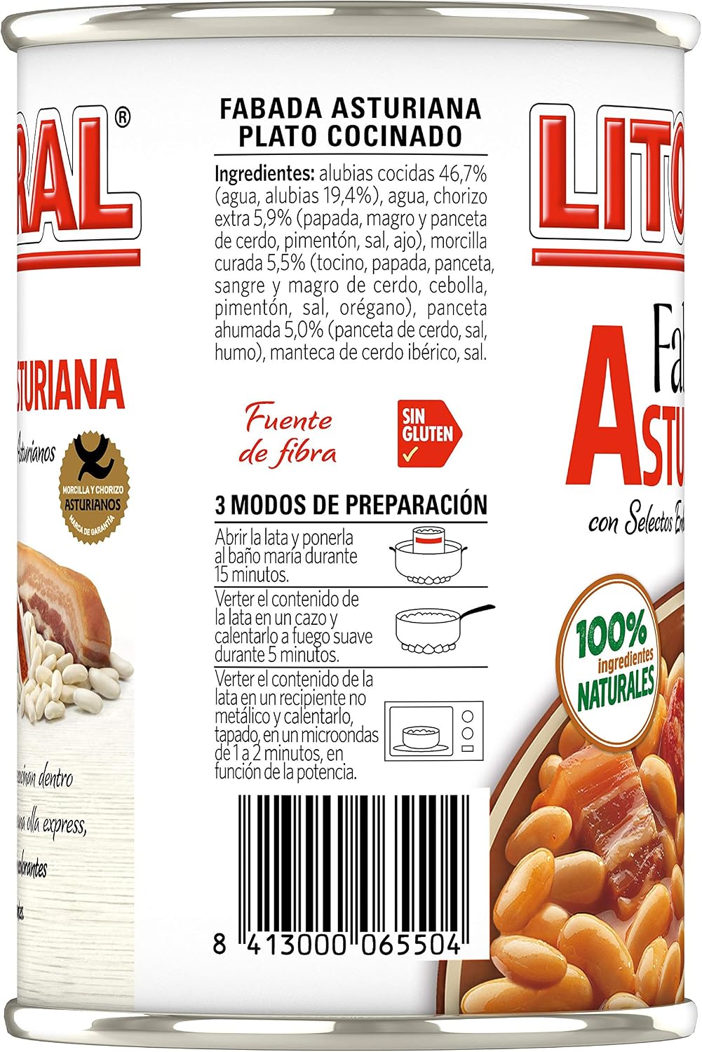 Detalle 2 de LITORAL Fabada Asturiana Sin Gluten 🍲 Pack 6x420 g