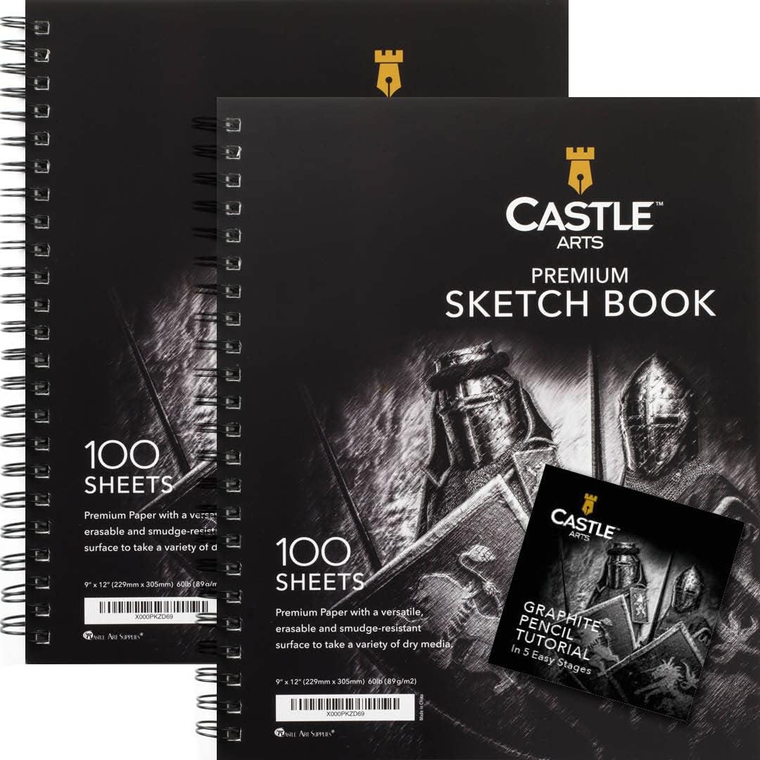 Castle Art Supplies Premium-Skizzenbücher (9 x 12 Zoll) – Skizzenblock-Doppelpack mit 200 Blättern, 90 g/m² und Spiralbindung