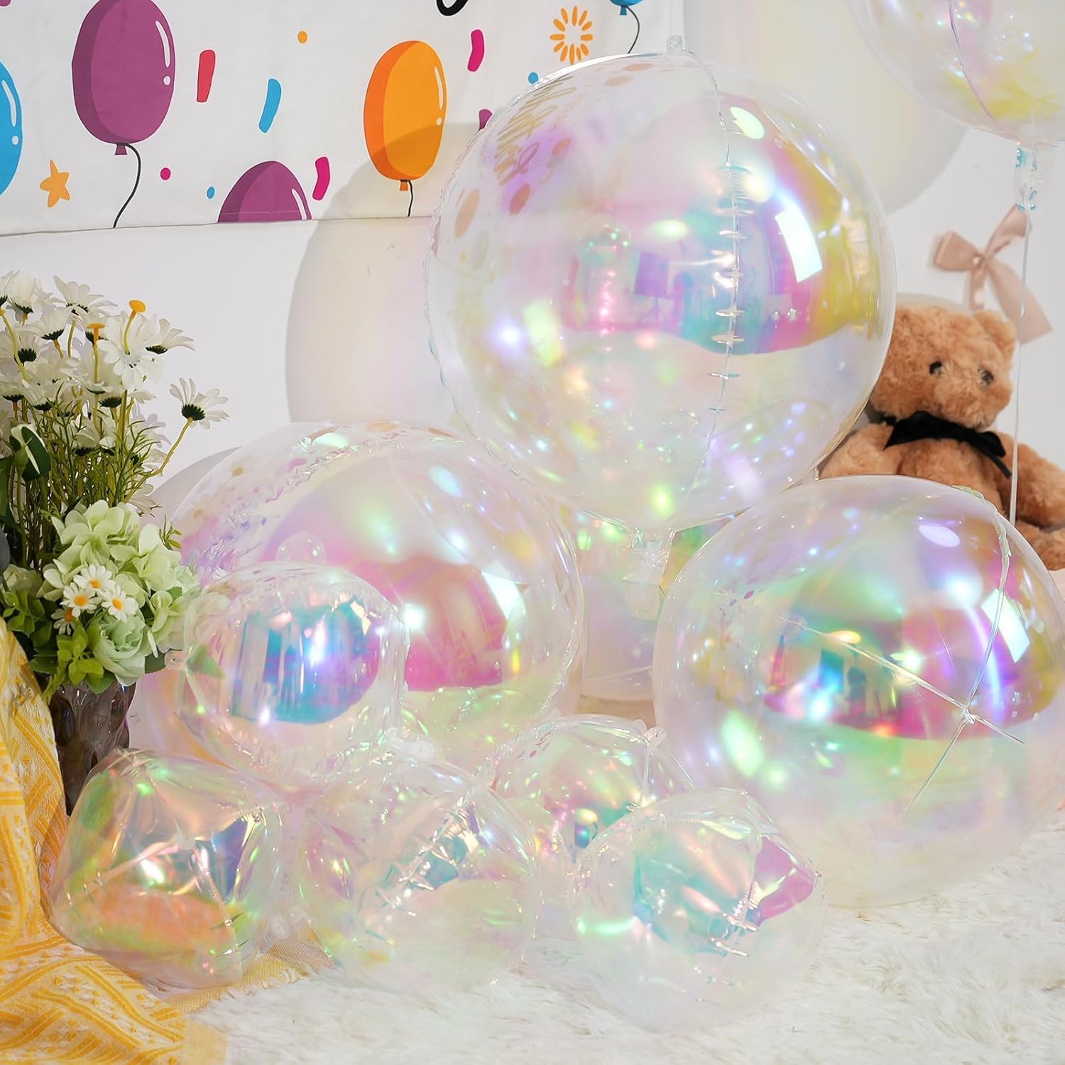 Thumbnail 5 de 12Pcs Iridescent Round Foil Balloons – 22", 15", 10" 4D Clear Balloons for Party Decor
