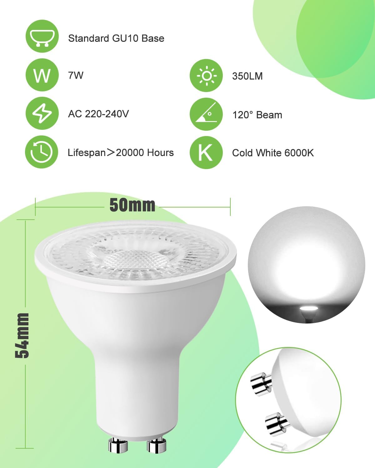 Detalle de MOXTOYU GU10 LED Bulbs, 7W, 550 lm, 6000K Daylight, 10-Pack