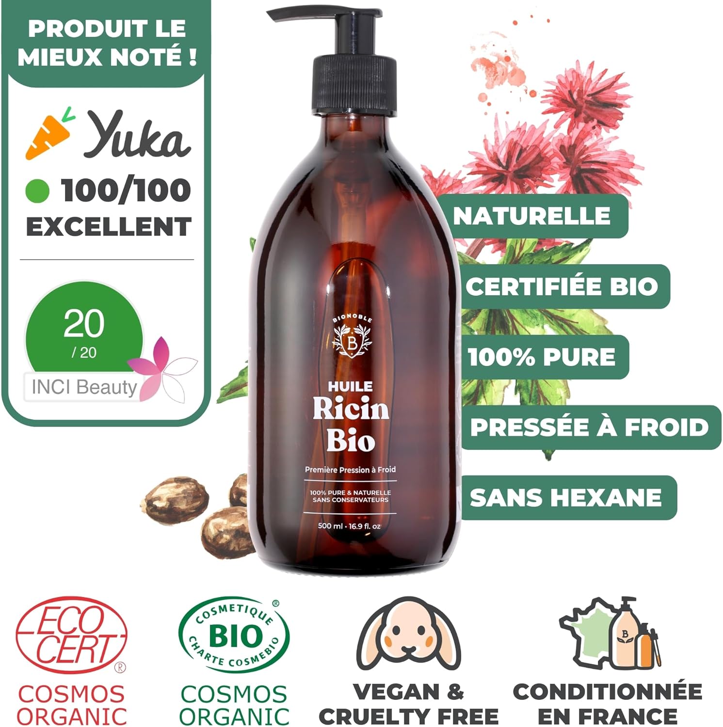 Thumbnail 1 de BIONOBLE Huile de Ricin Bio Pressée à Froid 500ml — soin multi-usages pour cheveux, cils, sourcils, barbe et ongles