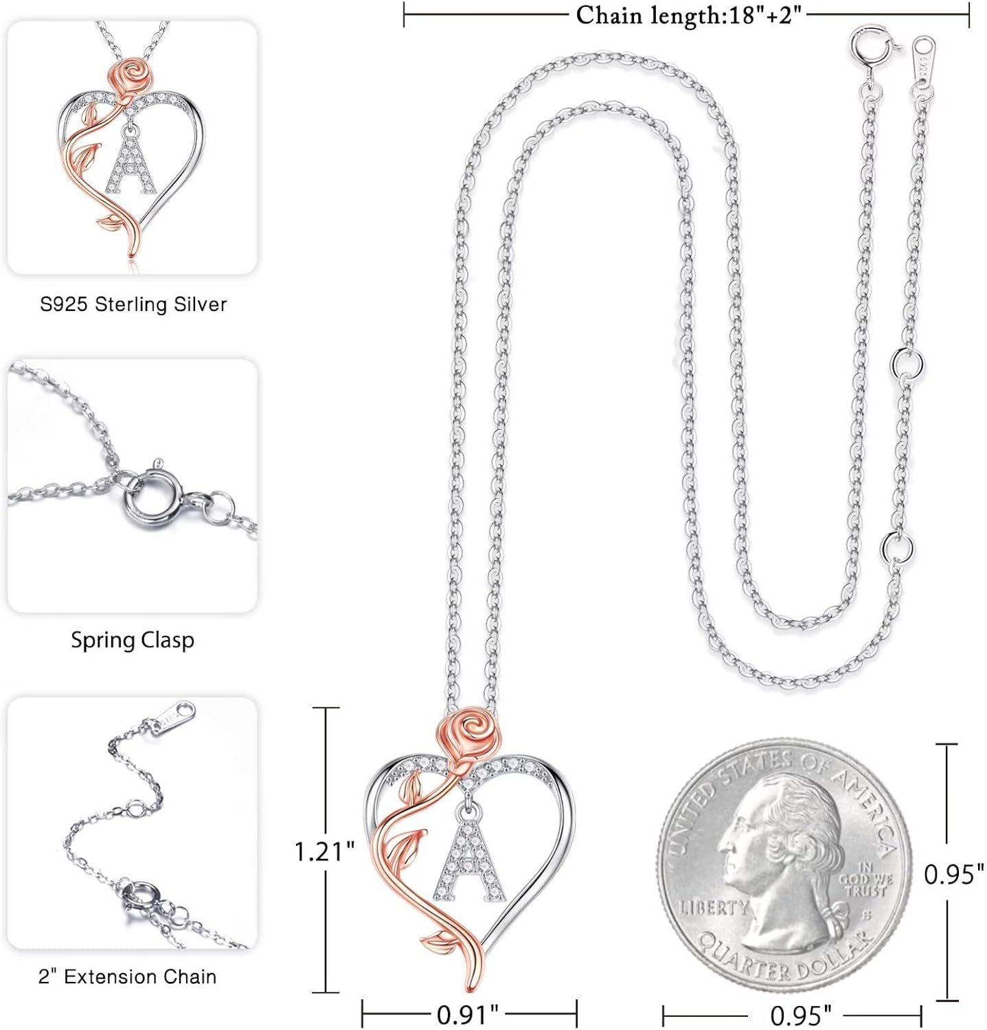 Thumbnail 4 de Iefil 925 Sterling Silver Rose Heart Necklace 18+2"