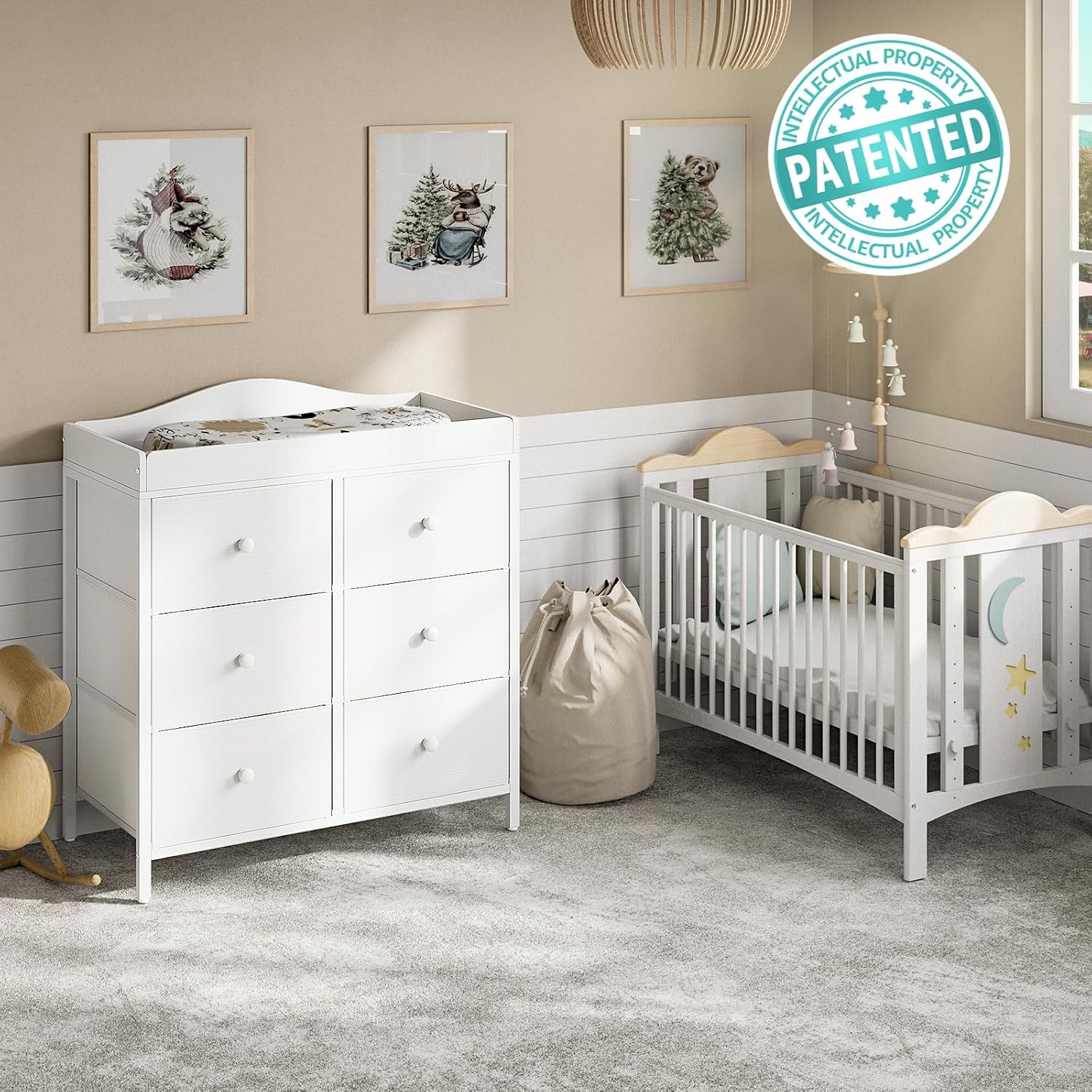 Detalle 2 de BOLUO CT6-W White Changing Table Dresser with 6 Fabric Drawers