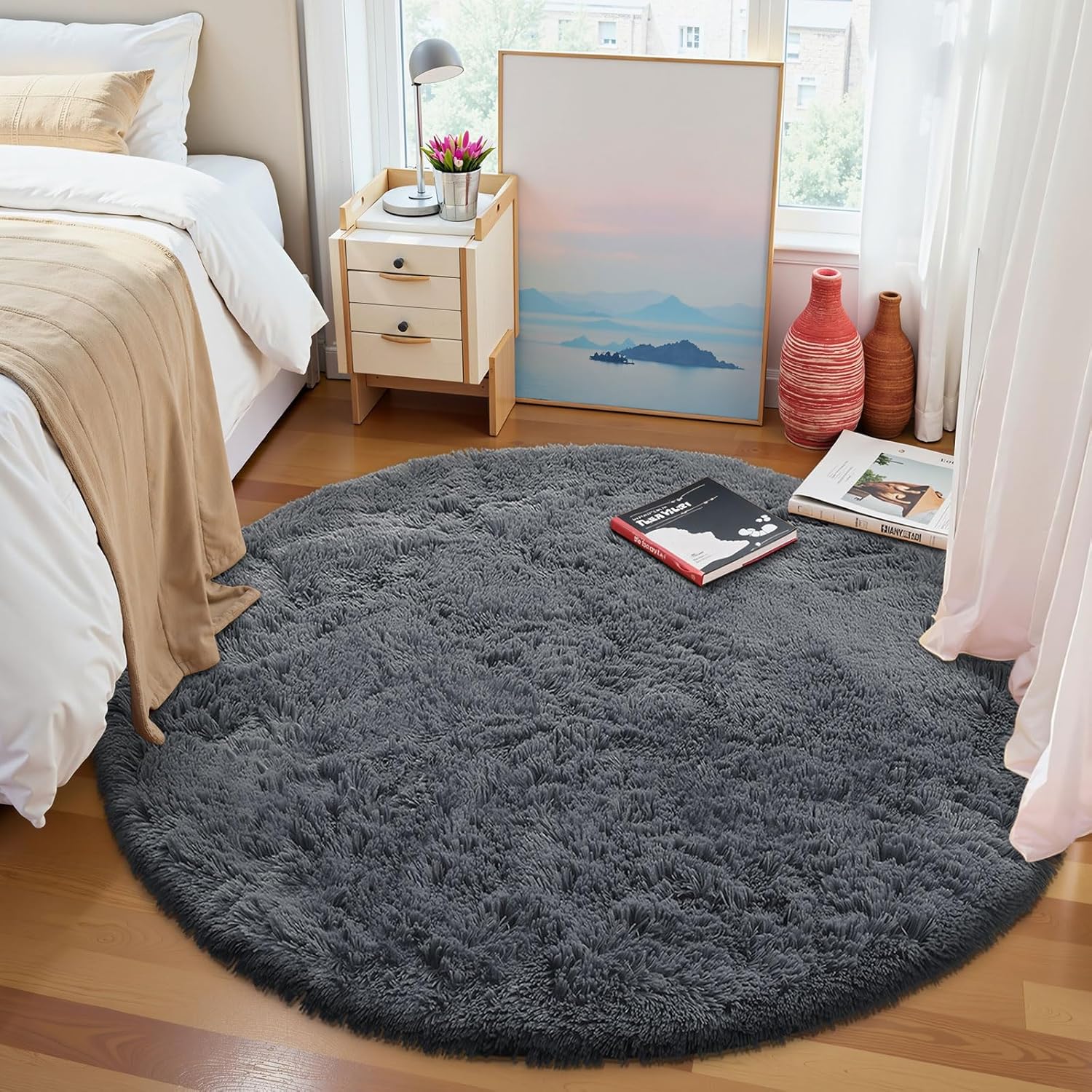 Thumbnail 4 de Homaxy Hochflor Teppich Runde 120 cm Dunkelgrau