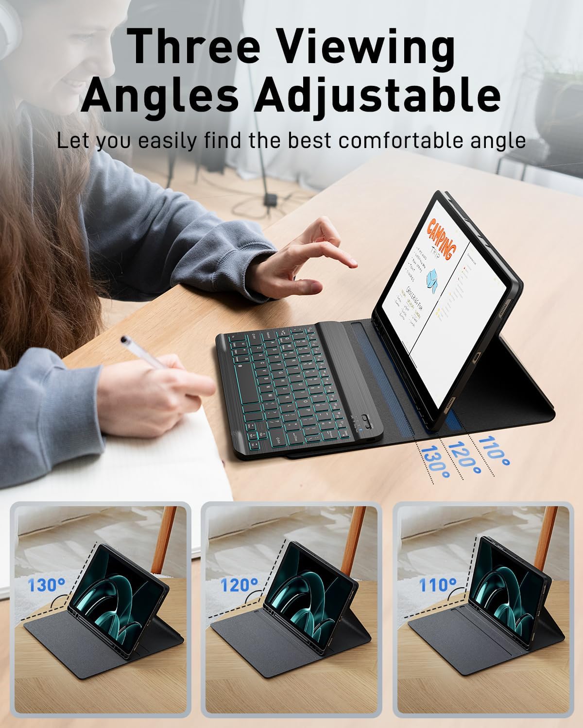 Thumbnail 3 de TUNKARMOR A16 iPad 10th/11th Generation Keyboard Case (Backlit) with Pencil Holder, Black