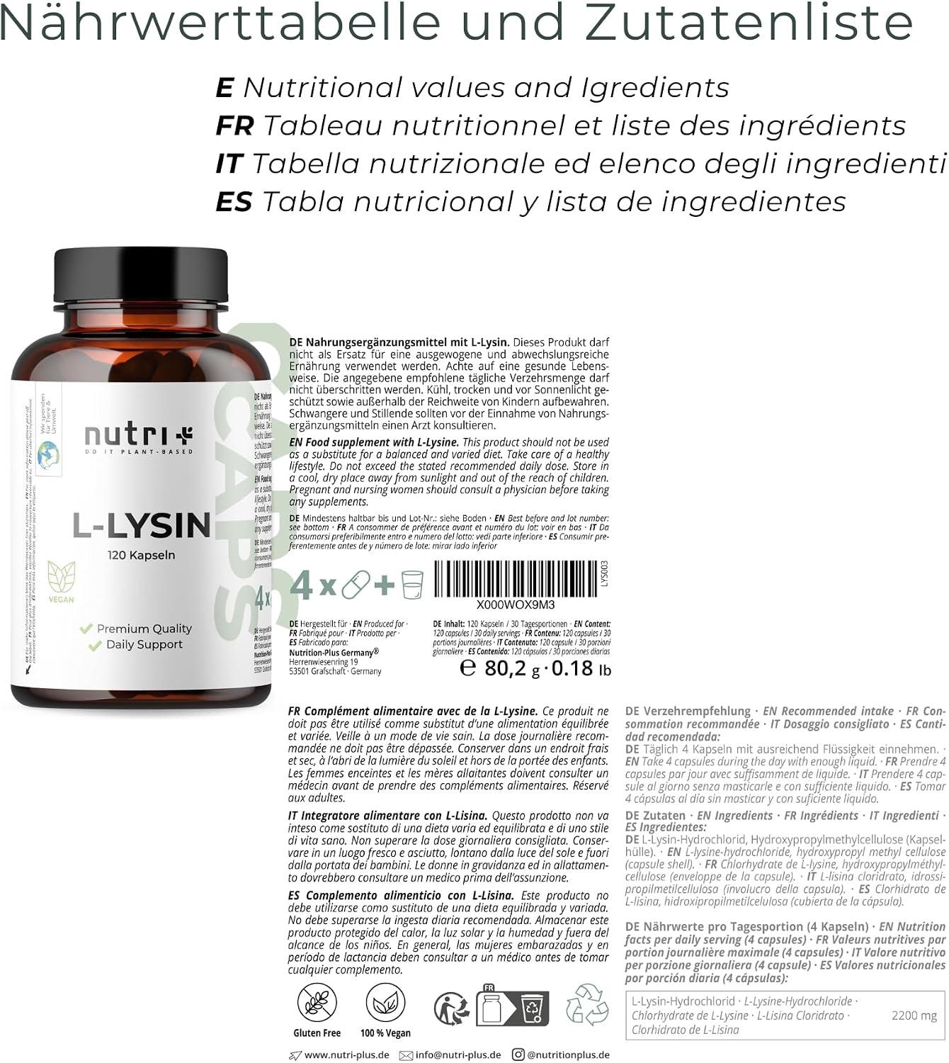 Thumbnail 4 de Nutri+ L-Lysin Kapseln hochdosiert + vegan – 120 Kapseln, 550 mg je Kapsel (2200 mg Tagesdosis)