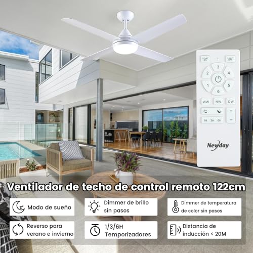 Detalle de Ventilador de Techo Newday 122 cm con Luz y Control Remoto — DC, 4 aspas, silencioso