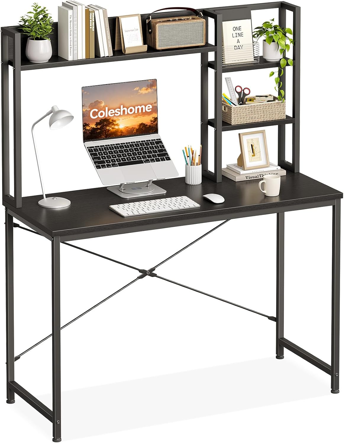Detalle de Coleshome XDL-JJSCJ-11 skrivbord med hyllor, 100 × 40 cm, svart metall