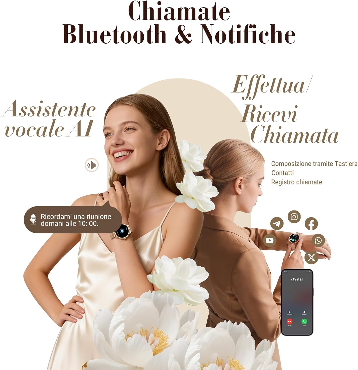 Detalle 2 de Smartwatch Donna 1.26" con Chiamate Bluetooth, 2 Cinturini & Notifiche – IP68