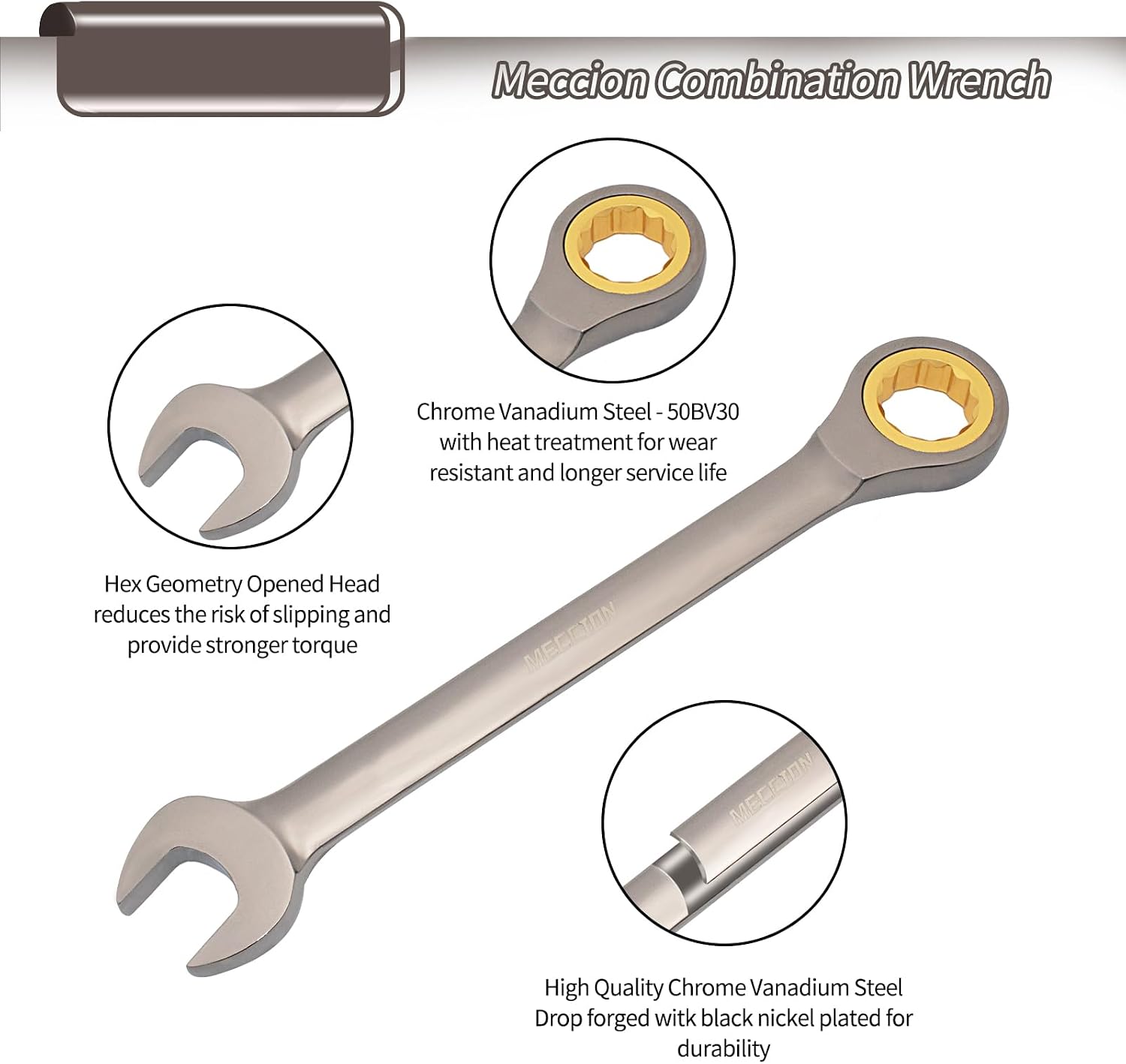 Detalle de Meccion 21mm Fixed Head Ratchet Spanner – Chrome Vanadium Steel, Black Nickel Plated Combination Wrench