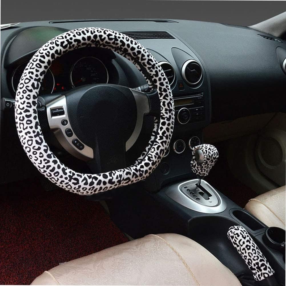 Detalle de 3 in 1 Soft Leopard Car Steering Wheel Cover, Handbrake Grip & Gear Shift Collar (Red, Standard) — Warm Winter Accessory