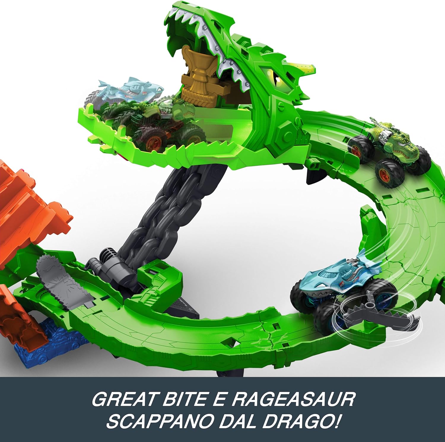 Thumbnail 2 de Hot Wheels Monster Trucks Sharks vs. Dinos Dragon Destruction (Great Bite e Rageasaur) set giocattolo 4+ JGB06