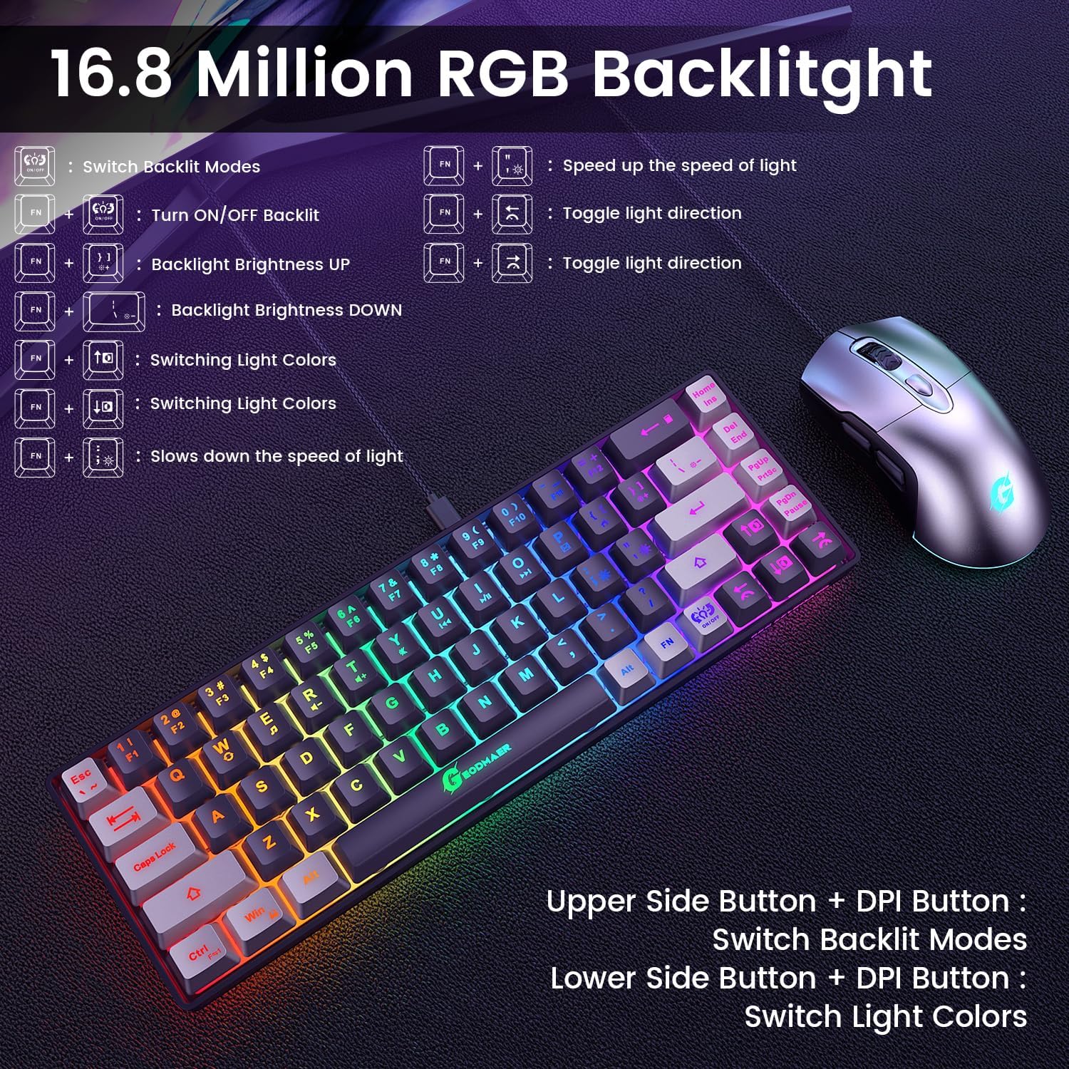 Thumbnail 1 de GEODMAER 65% Gaming Keyboard and Mouse Combo — Compact 65% Layout, RGB Backlit, 7200 DPI Wired Set