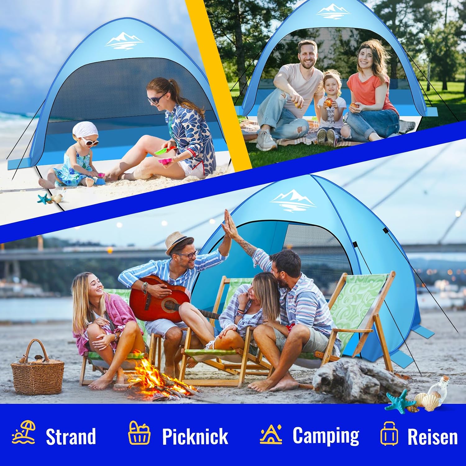 Detalle de Strandmuschel Pop Up Strandzelt 3-4 Personen – UV-Schutz 50+, Windstabil, schnell aufgebaut
