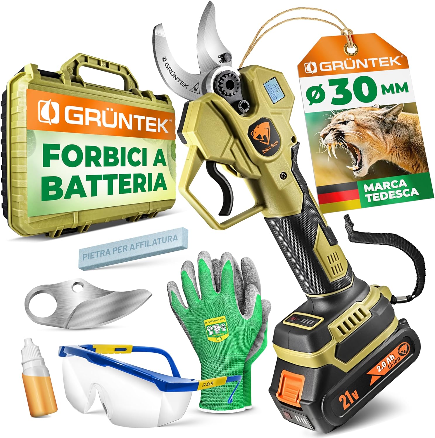 Detalle de GRÜNTEK Forbici Potatura a Batteria: Cesoie Elettriche 21V con Display LCD e 3 livelli di taglio