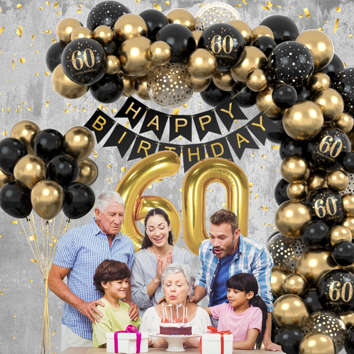 Detalle 2 de Schwarz-Gold 60 Geburtstag Deko mit Happy Birthday Banner & Luftballons – Set für Mann & Frau