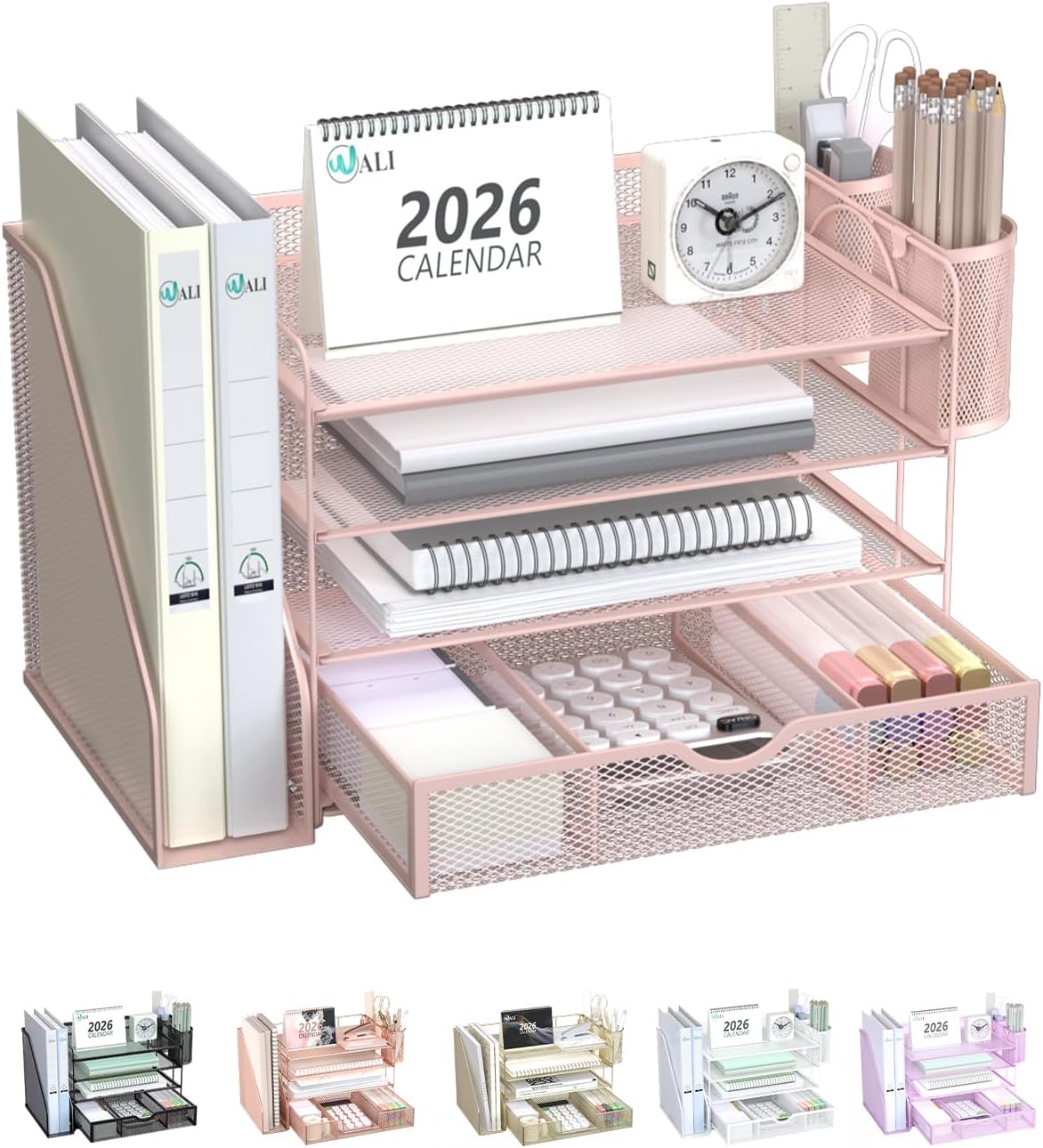 Detalle de WALI DO005DH-P 4-Tier Desktop File Organizer with Drawer and Pen Holders, Pink