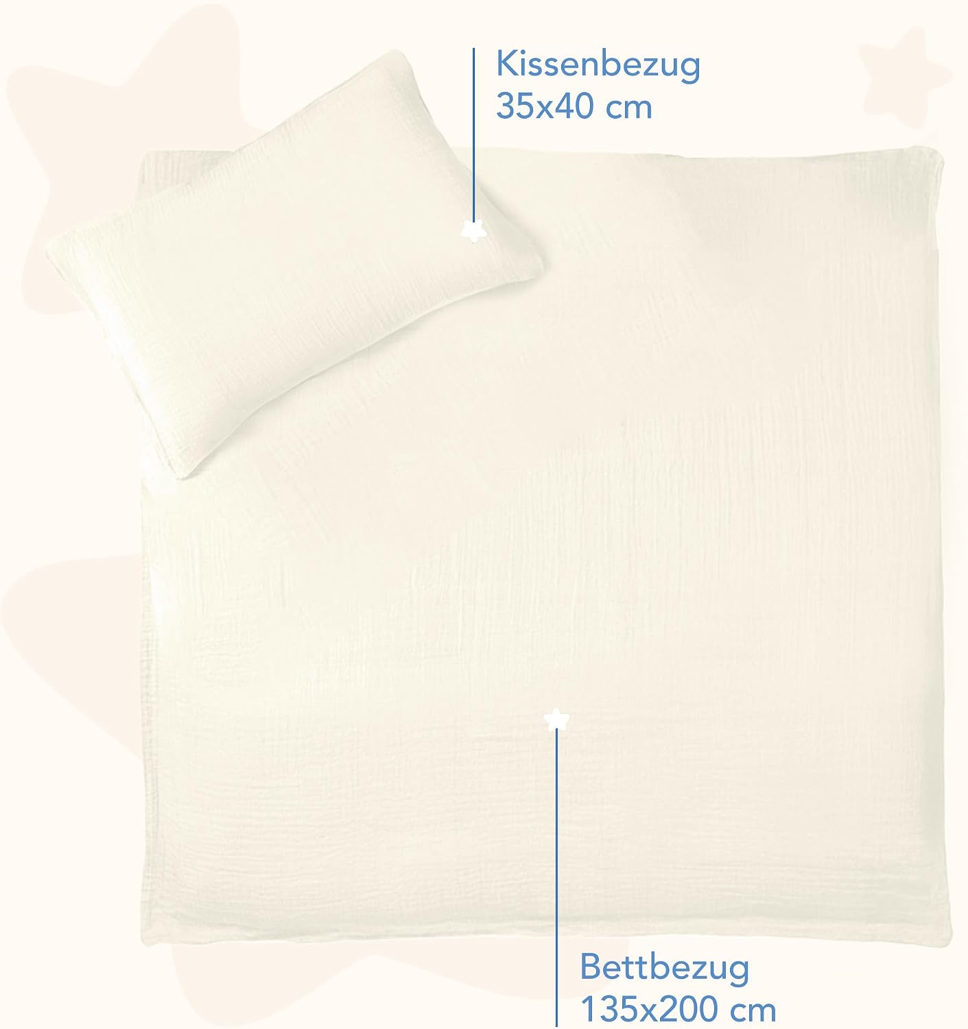 Detalle de Dreamzie Baby Bettwäsche 80x80 cm + Kissenbezug 35x40 cm – Musselin aus 100% Baumwolle, OEKO-TEX, atmungsaktiv & weich, Creme