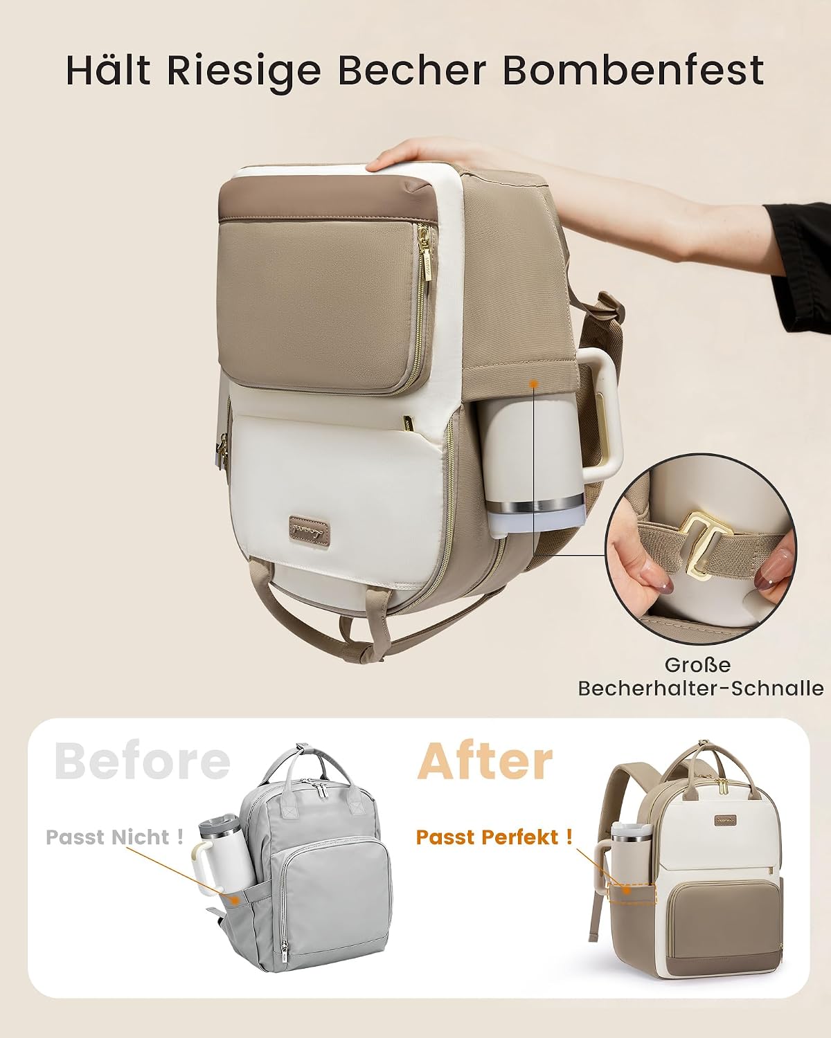 Detalle 2 de LOVEVOOK Rucksack Damen 15,6 Zoll Khaki Beige