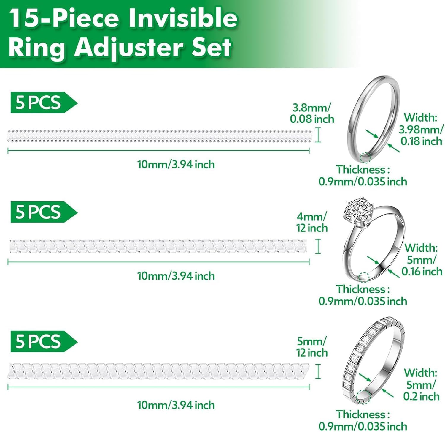Detalle 2 de Anpro 15 pièces Ajusteur de Taille de Bague – Ensemble Invisible et Jauge