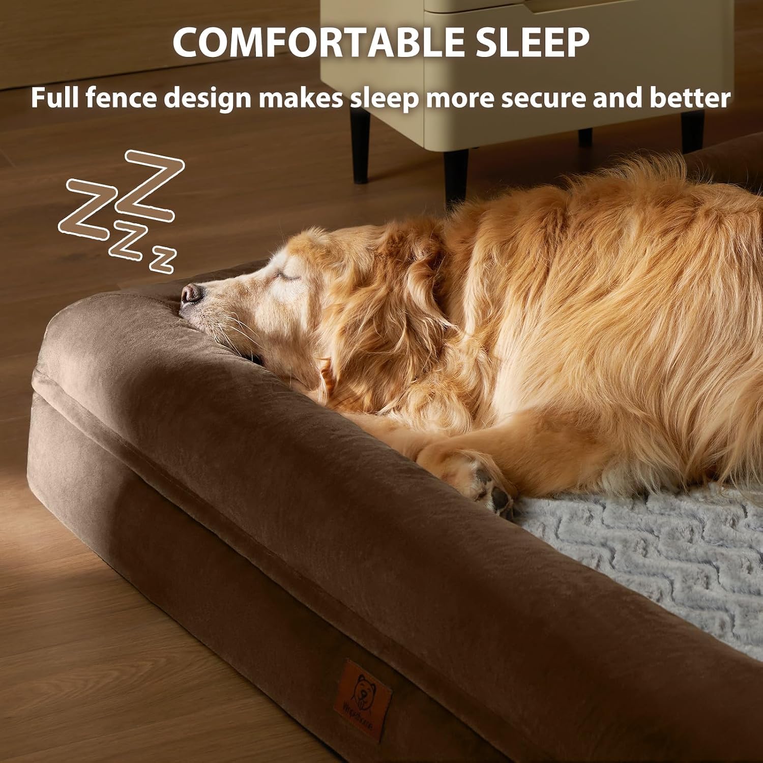 Detalle 2 de WNPETHOME XXXX-L Giant Dog Bed, Brown Velvet with Bolster Sides