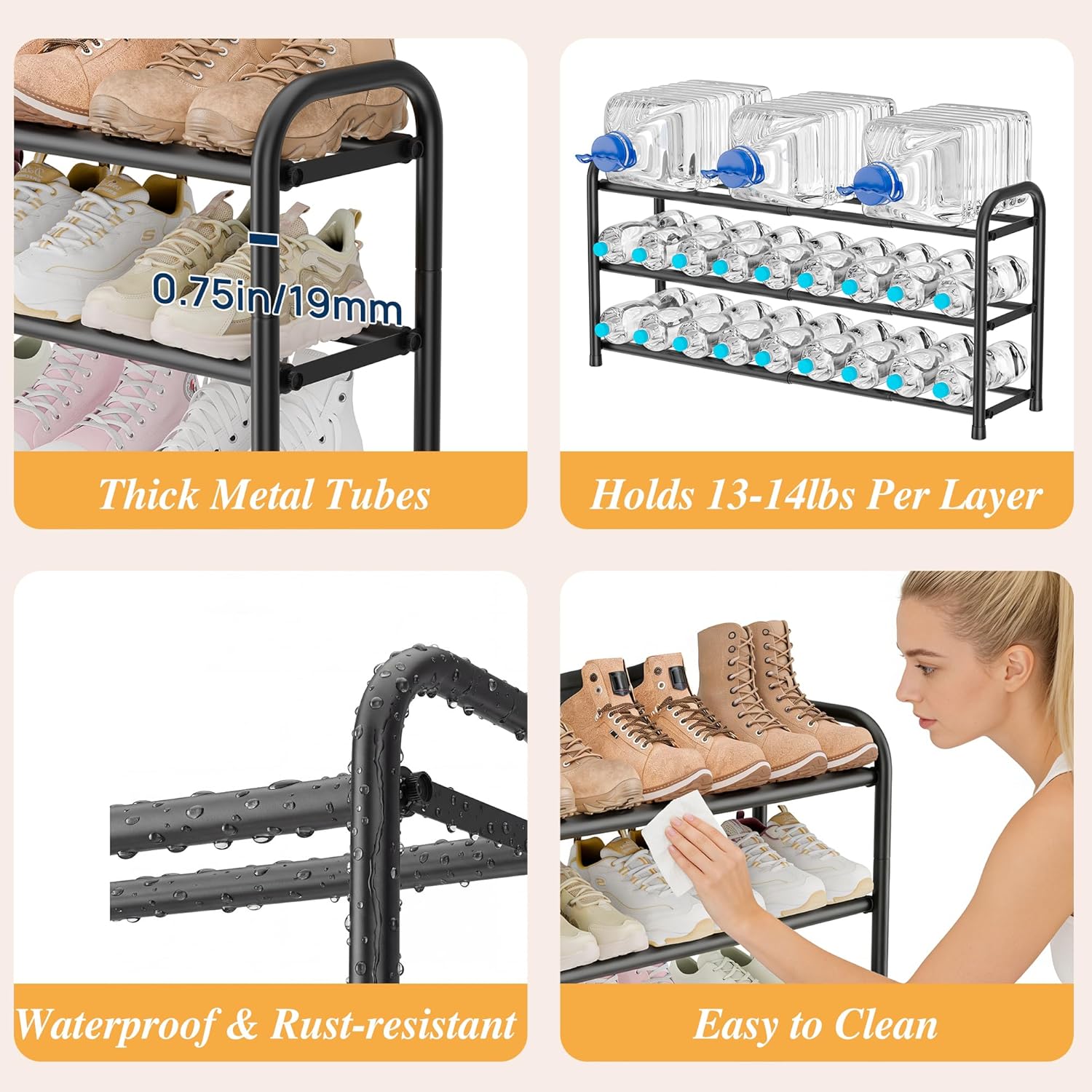 Detalle de ENJOYBASICS Expandable 3-Level Metal Shoe Rack (45–118 cm) in Black