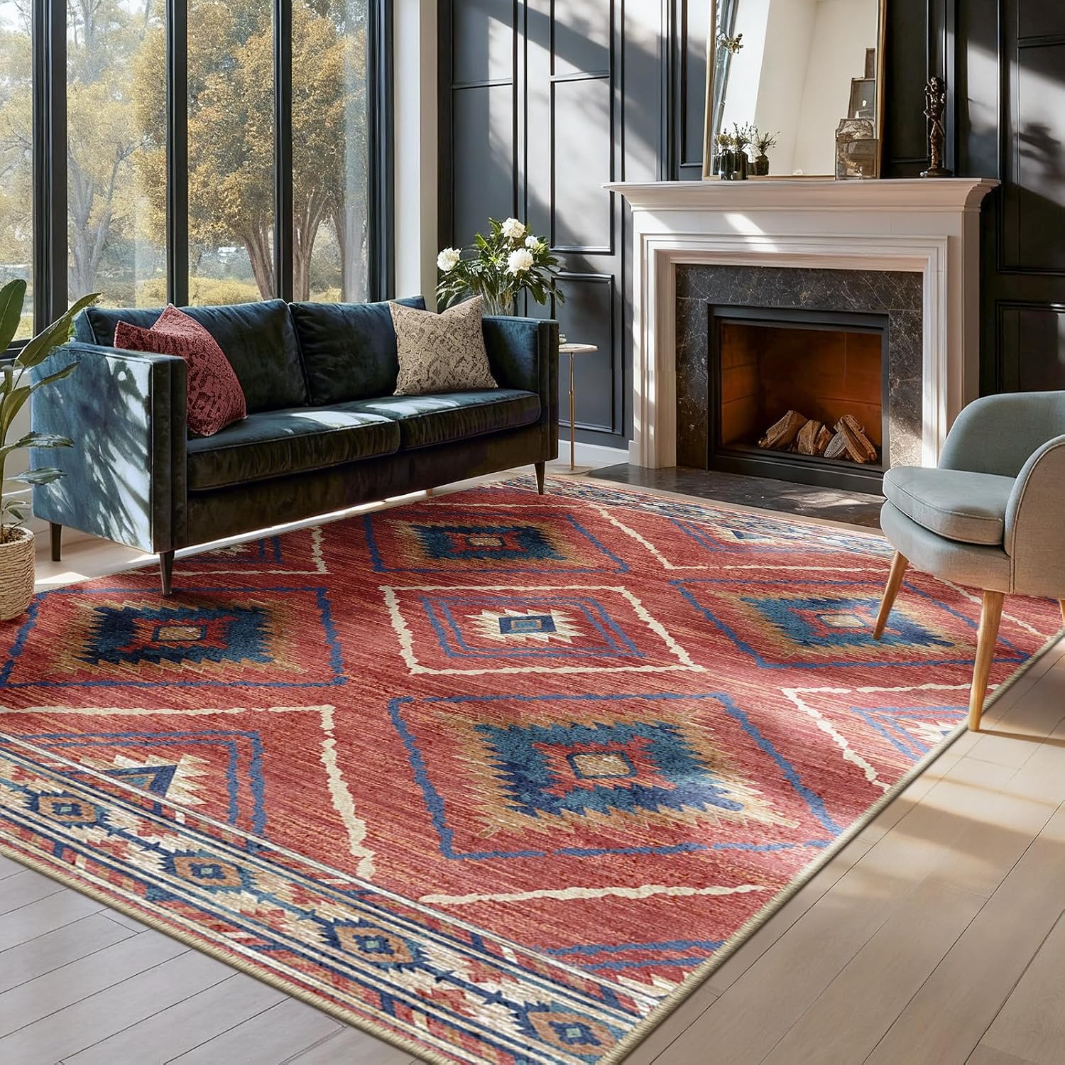 Detalle de DEFYNEE Moroccan-style 150 x 210 cm machine washable rug with non-slip TPR backing (red)