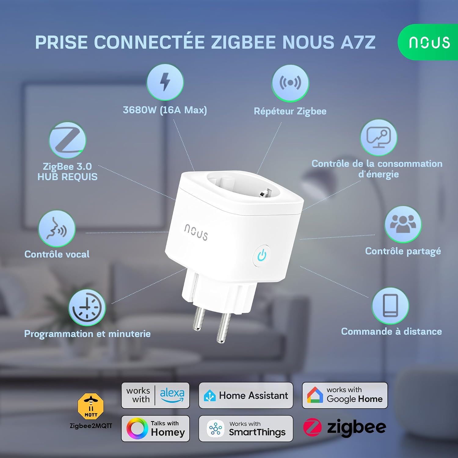 Detalle de NOUS A7Z inteligentne gniazdko ZigBee 16 A z pomiarem energii, zestaw 4 szt.