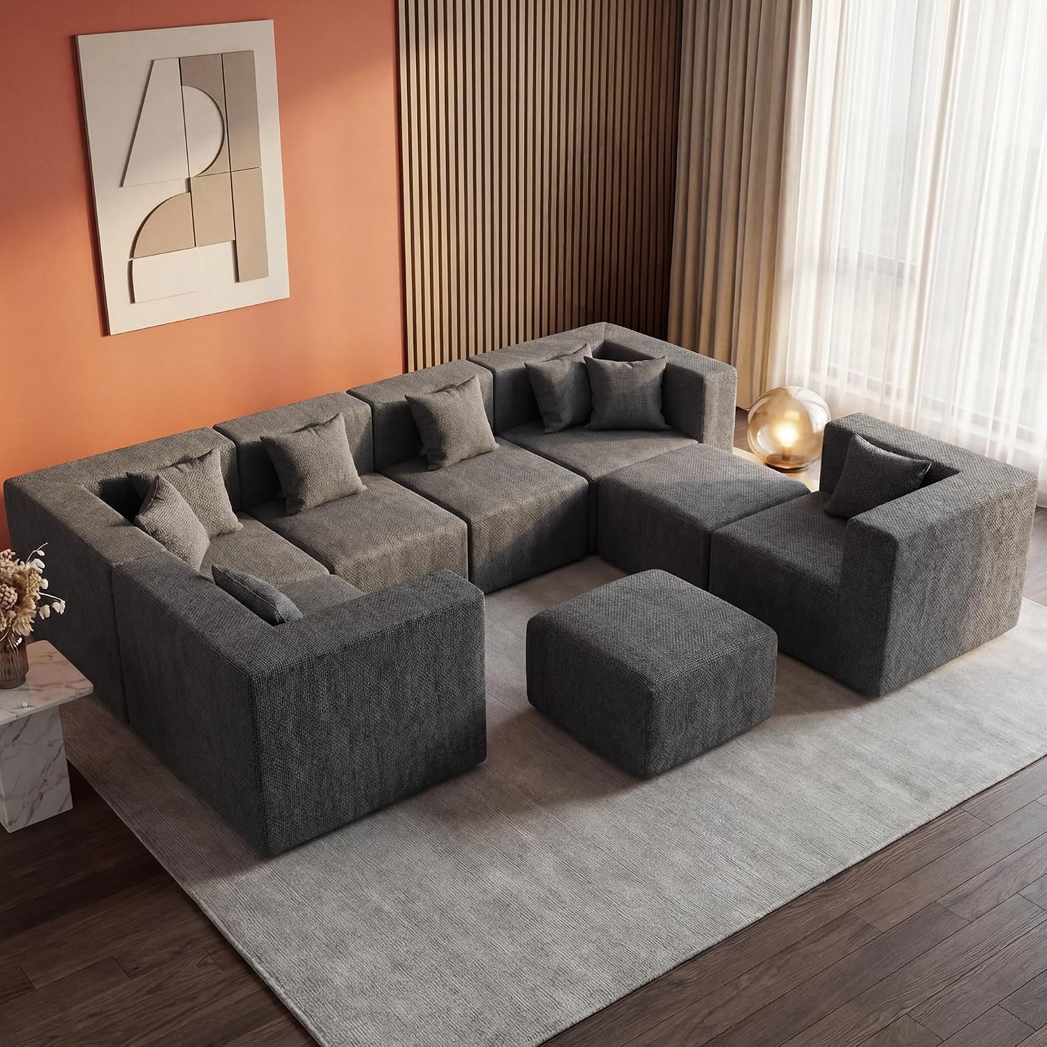 Detalle de MONVANE Modular Sectional Sofa, 8-Seat U-Shaped Chenille Couch in Grey