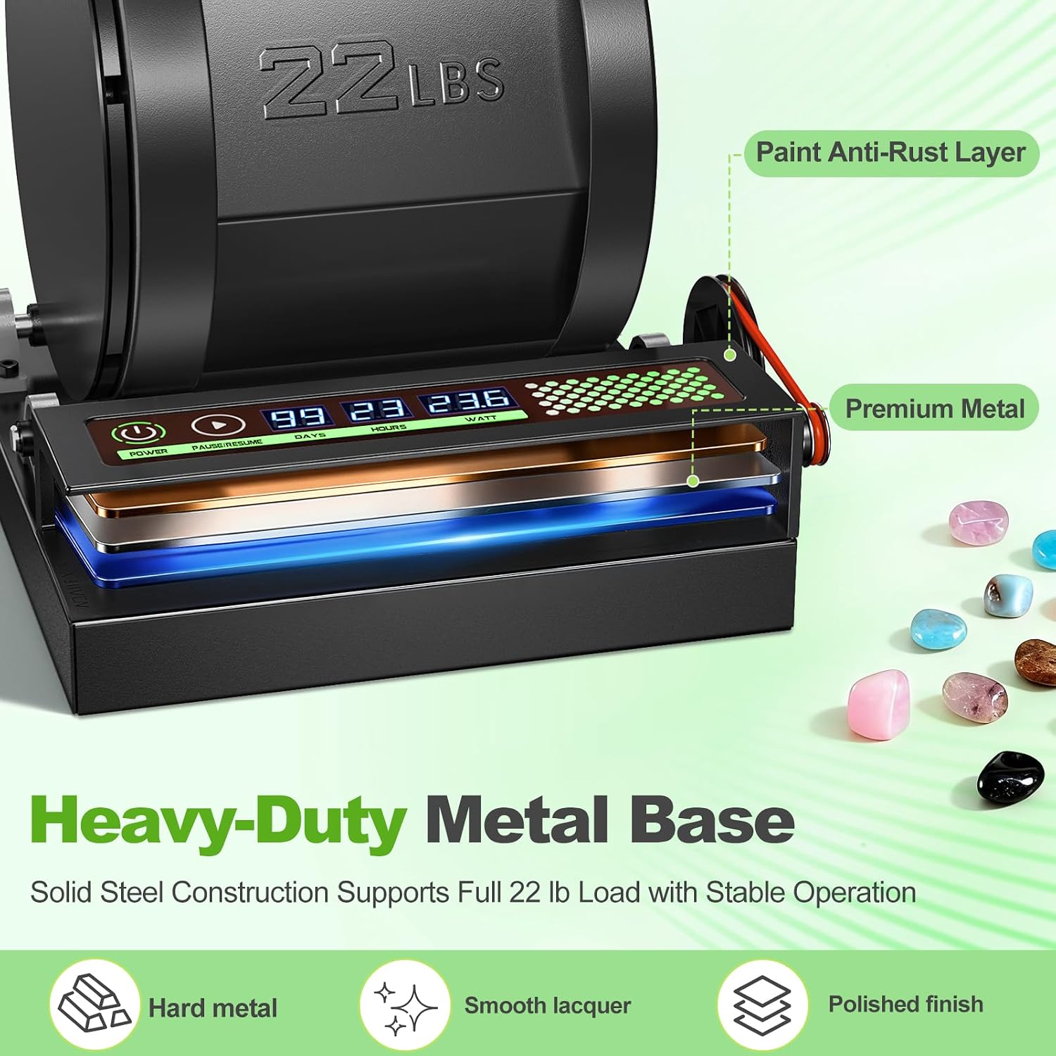 Detalle de AtoRock Professional Rock Tumbler Kit — 22LB Extra-Large Barrel with Brushless Motor, Real-Time Display, Heavy-Duty Metal Base