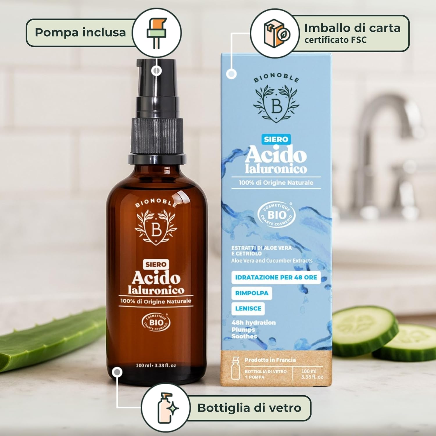 Detalle de BIONOBLE Siero Viso Acido Ialuronico Puro Bio – Idratante e Rimpolpante (100 ml, vetro con pompa)