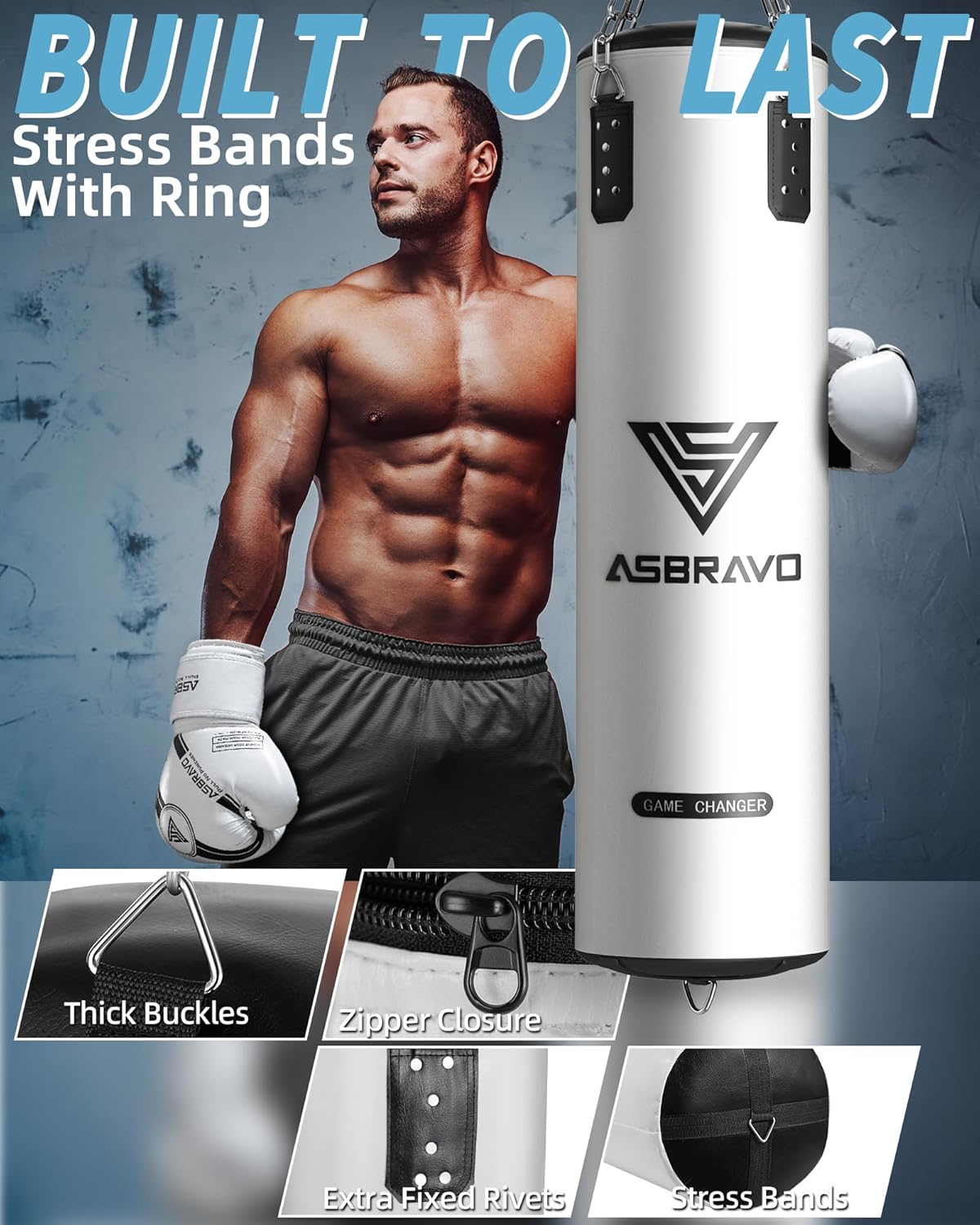 Thumbnail 1 de ASBRAVO Boxsack für Erwachsene – 4ft PU-Leder, ungefüllt, inkl. 12oz Boxhandschuhe, 5m Handwraps, Springseil und Griffstärkungsgerät