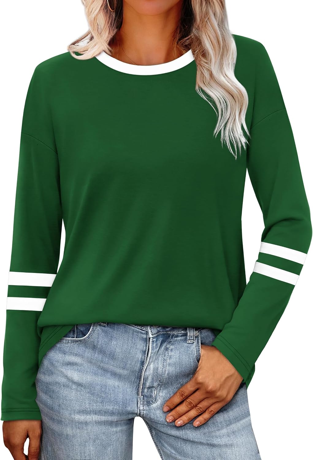 Detalle 2 de Sampeel Long Sleeve Color-Block Shirt for Women with Crew Neck and Striped Sleeves