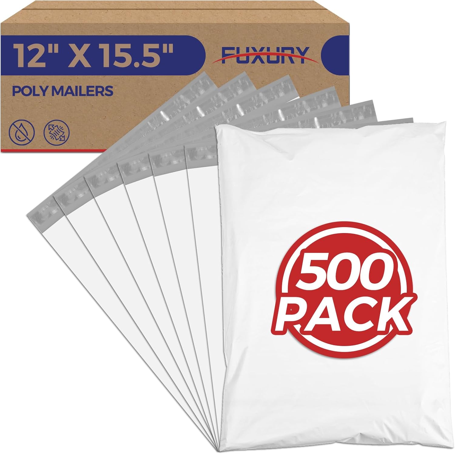 Detalle de Fuxury 12x15.5-Inch Poly Mailers, 500-Pack White Self-Seal Shipping Bags