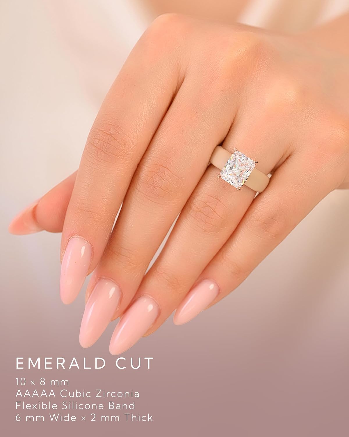 Detalle de Rinfit Emerald Cut CZ Silicone Ring, 10×8 mm Stone and 6 mm Band