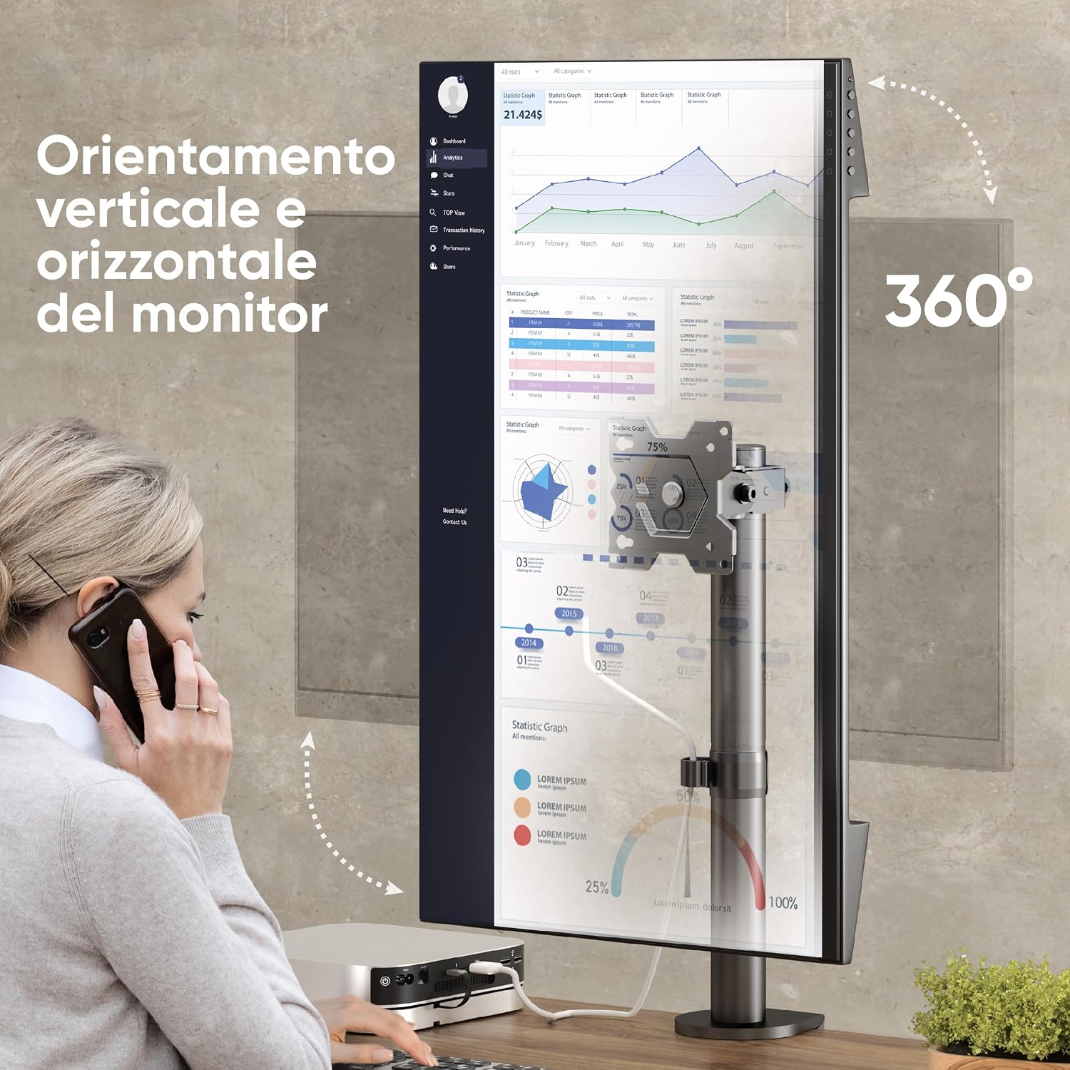 Detalle de ONKRON Supporto monitor da scrivania D101E-B, braccio 13"–34" con carico fino a 8 kg (VESA 75x75/100x100), inclinazione e rotazione