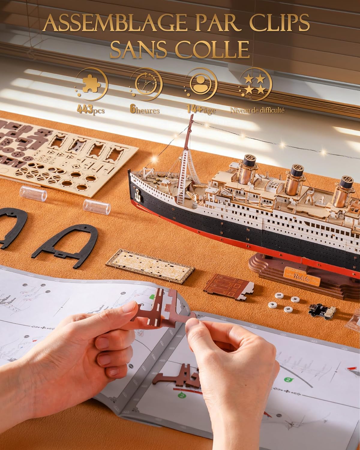 Thumbnail 5 de Rolife Puzzle 3D en Bois Titanic — Kit de Construction à Clipser, 433 Pièces