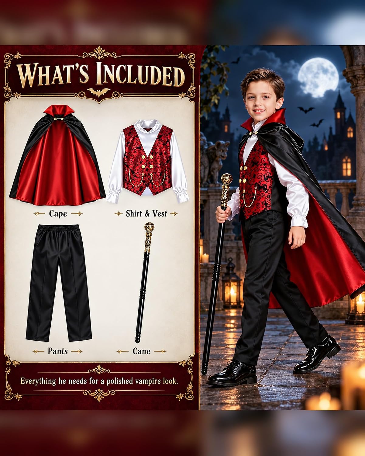 Thumbnail 5 de BLmukce Boys Vampire Costume Set with Cape, Shirt, Pants and Cane