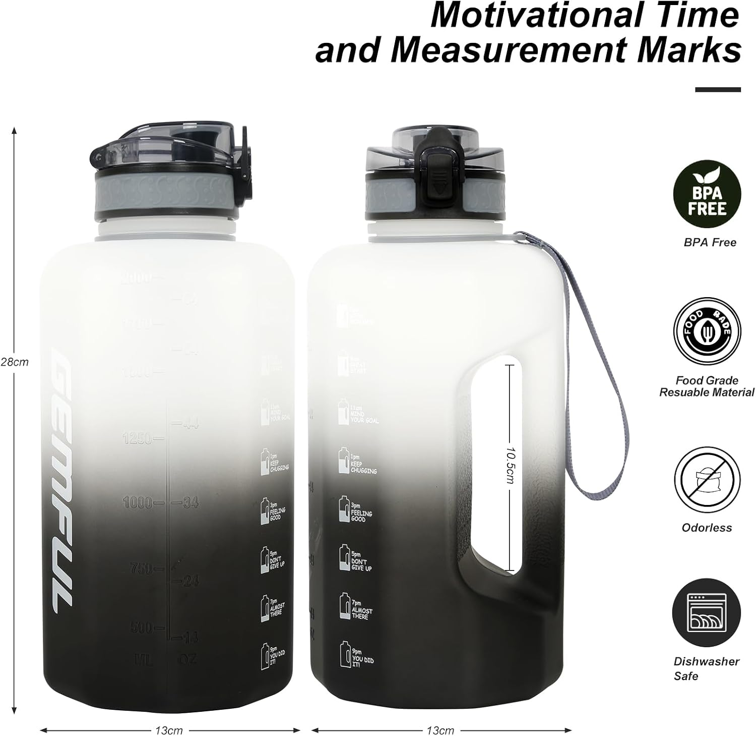 Detalle de GEMFUL 2,2 l Sport-Wasserflasche mit Griff – BPA-frei, mit Zeitmarkierung (Schwarz/Weiß)