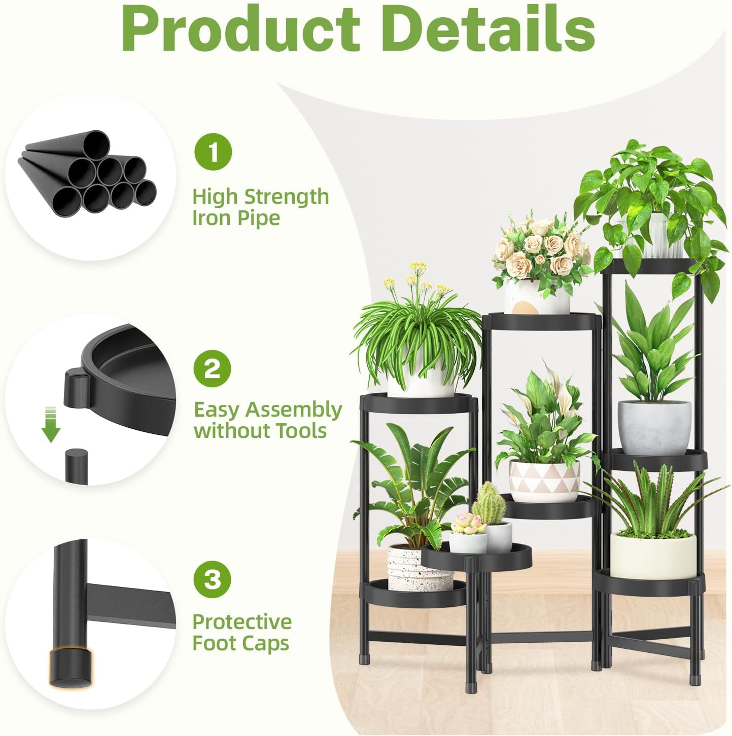 Detalle 2 de iDavosic.ly 8-Tier Folding Plant Stand, Black Metal Rack with Plastic Trays