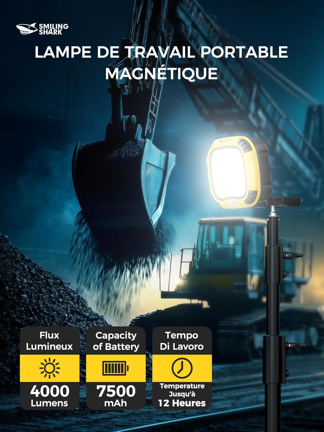 Thumbnail 1 de Smiling Shark Lampe Travail 4000lm : LED COB, Rechargeable 7500mAh, Étanche, Magnétique et 18 Modes pour Atelier et Extérieur